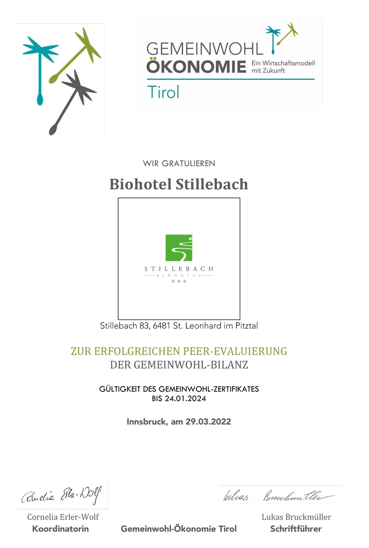 Zertifikat Gemeinwohlökonomie Biohotel Stillebach